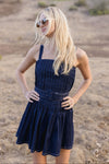 Simone Sleeveless Belted Pleated Denim Mini Dress Dark Wash
