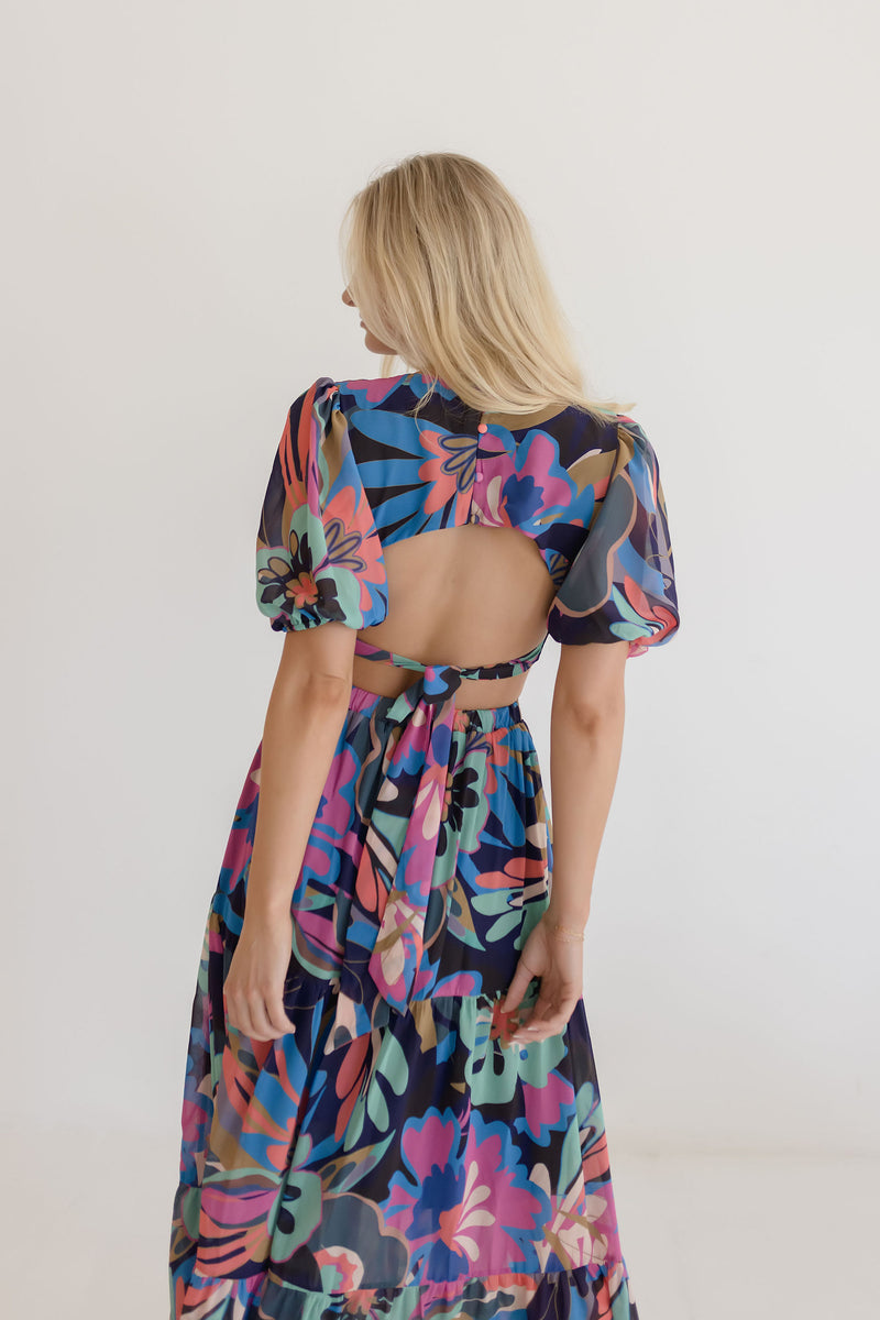 Short Sleeve Cut Out Floral Print Maxi Dress Black