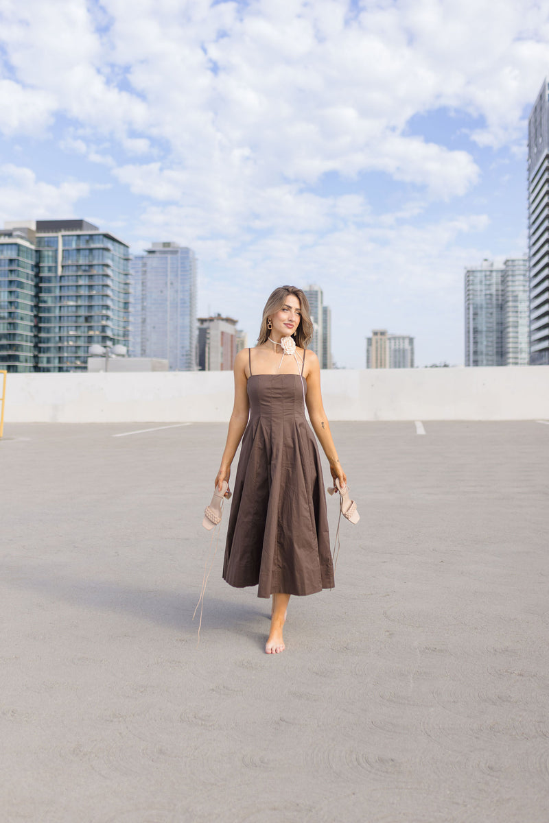 Sleeveless A Line Midi Dress Brown