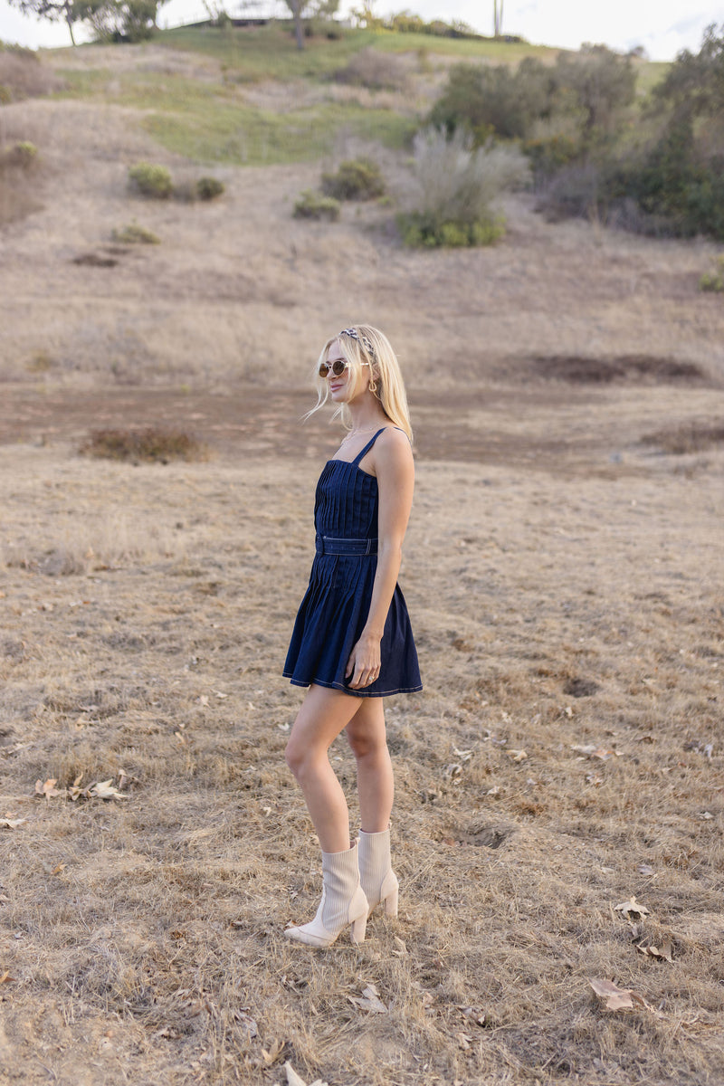 Simone Sleeveless Belted Pleated Denim Mini Dress Dark Wash