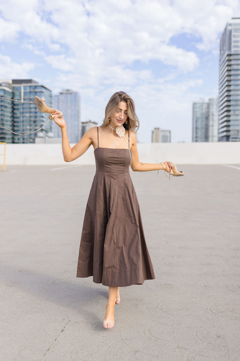Sleeveless A Line Midi Dress Brown