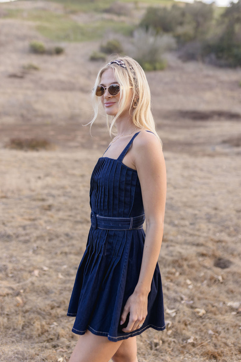 Simone Sleeveless Belted Pleated Denim Mini Dress Dark Wash