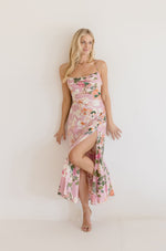  Floral Print Open Back Lace Up Satin Maxi Dress Pink