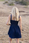 Simone Sleeveless Belted Pleated Denim Mini Dress Dark Wash