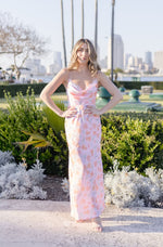 Floral Print Lace Trim Cowl Neck Maxi Dress Pink