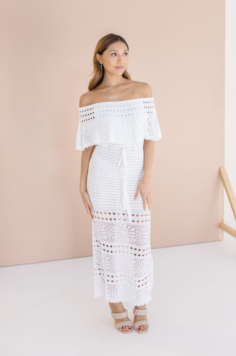Off The Shoulder Crochet Maxi Dress White