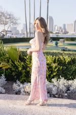 Floral Print Lace Trim Cowl Neck Maxi Dress Pink