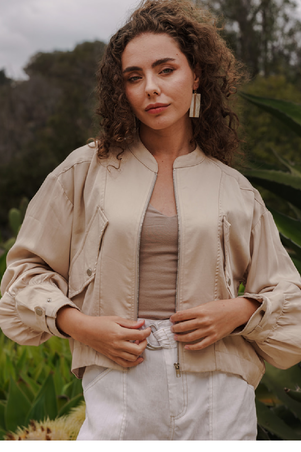 Long Balloon Sleeve Bomber Jacket Taupe