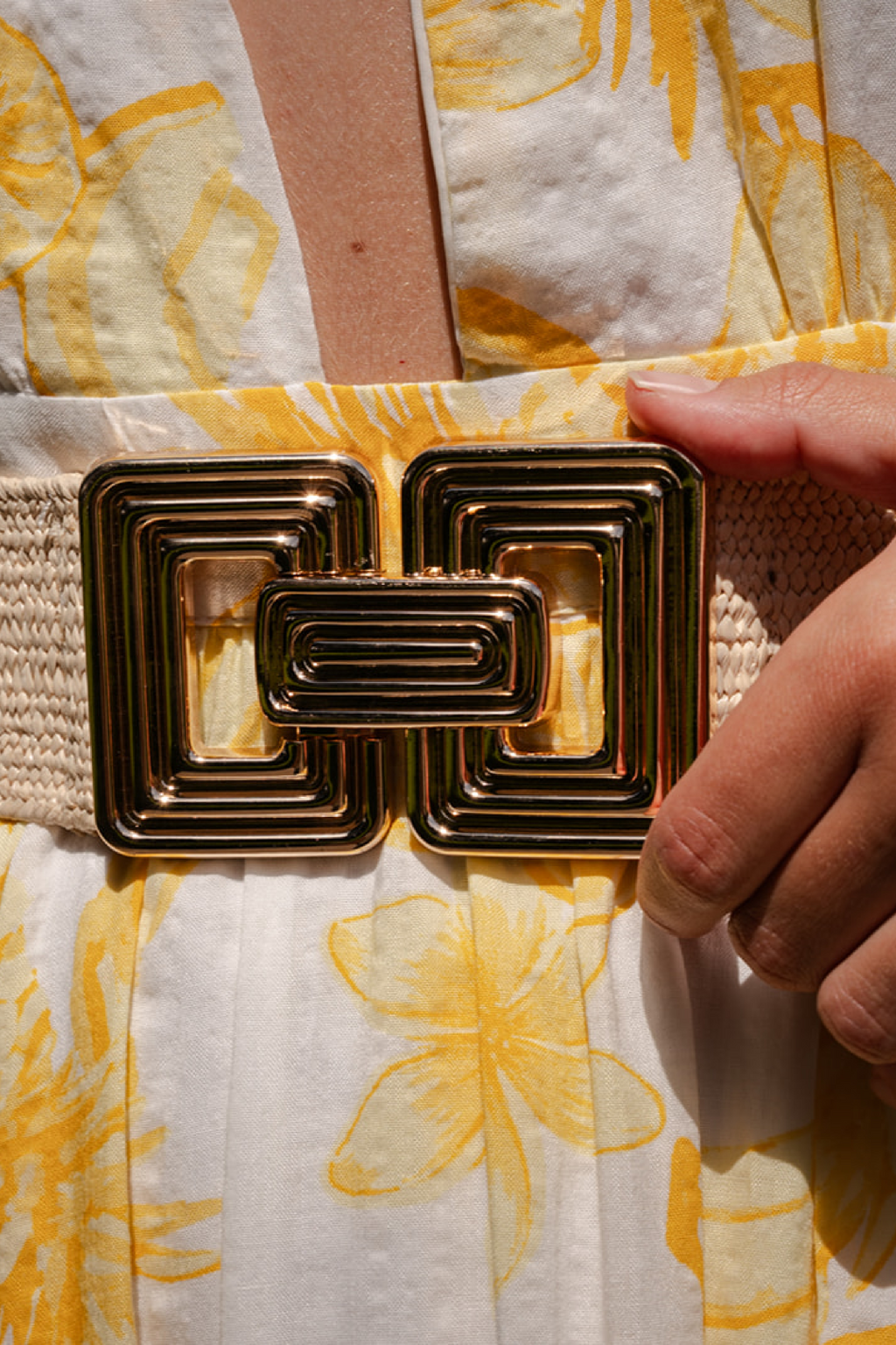 Large Metal Buckle Woven Belt Ivory