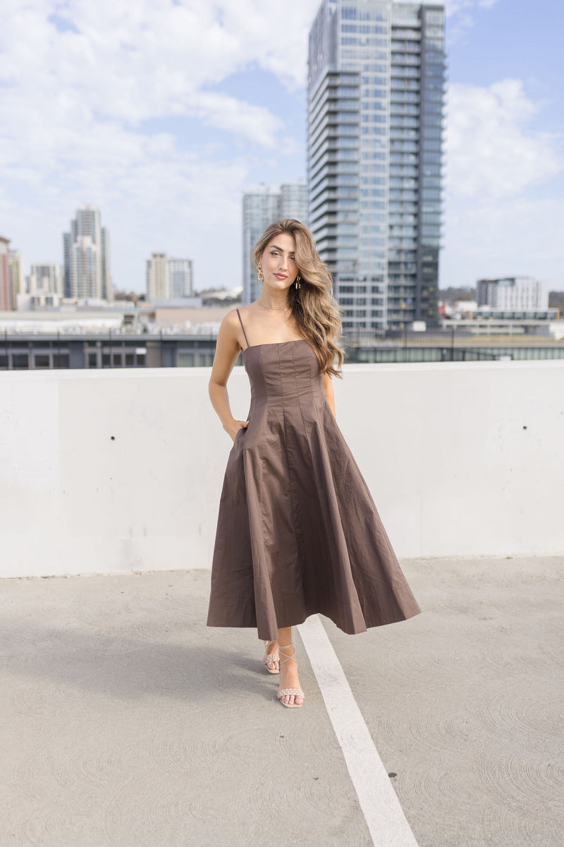 Sleeveless A Line Midi Dress Brown