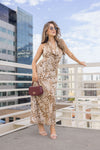 Sleeveless Halter Animal Print Maxi Dress Brown