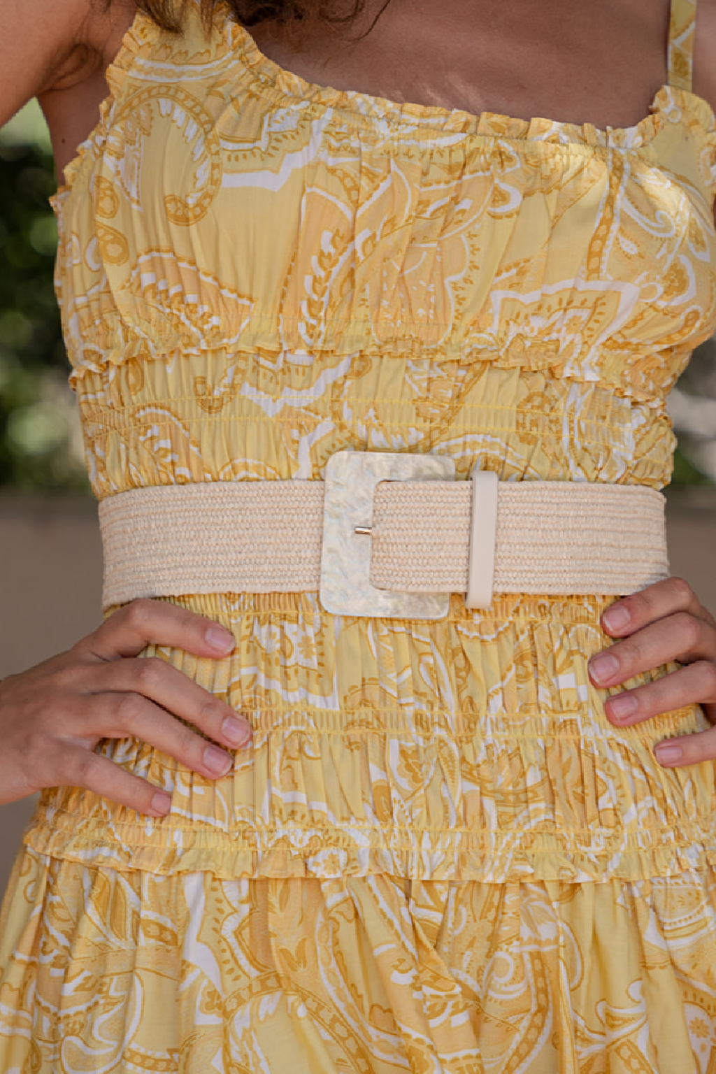 Sleeveless Smocked Paisley Print Maxi Dress Yellow