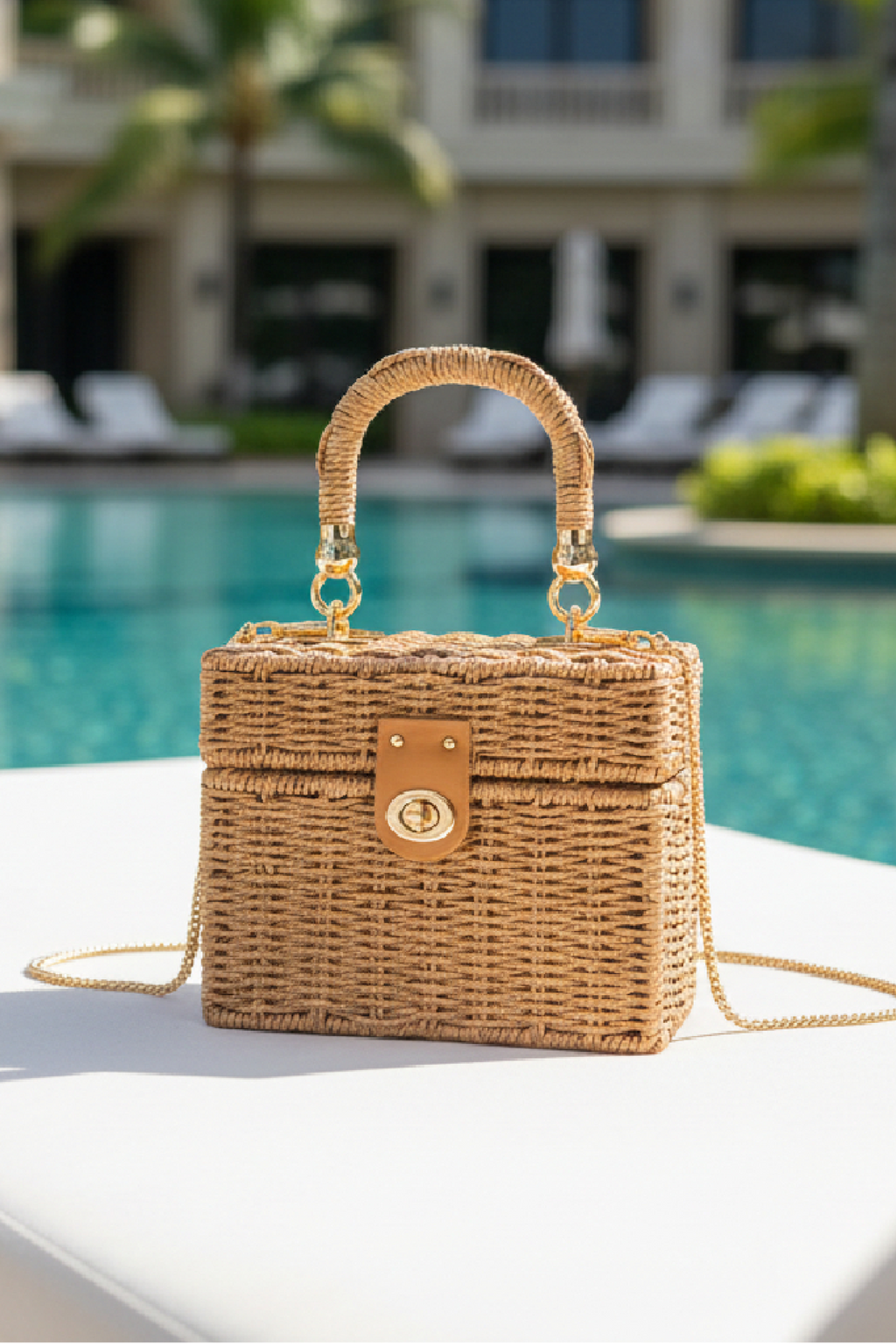 Rattan Rectangle Woven Box Purse Taupe