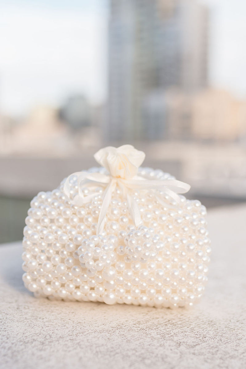 Top Handle Faux Pearl Beaded Mini Purse White