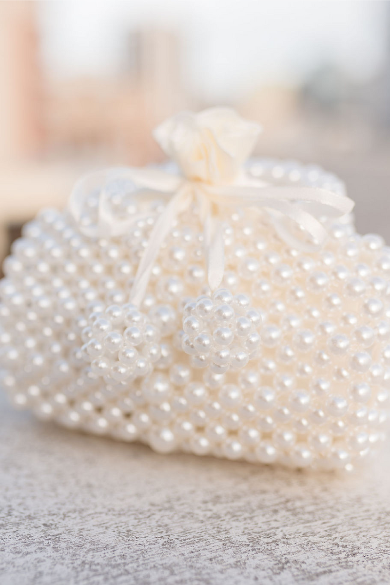 Top Handle Faux Pearl Beaded Mini Purse White