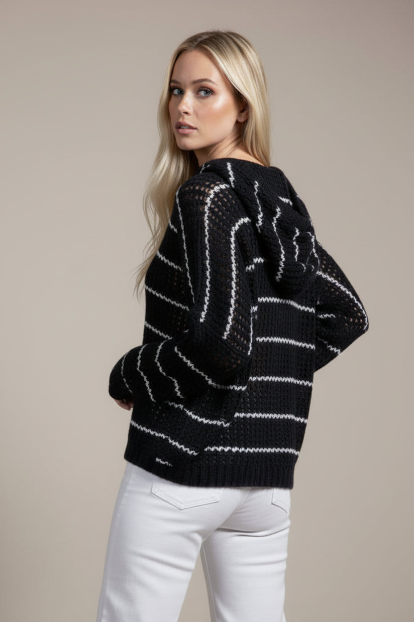  Long Sleeve Open Cable Knit Hoodie Sweater Navy