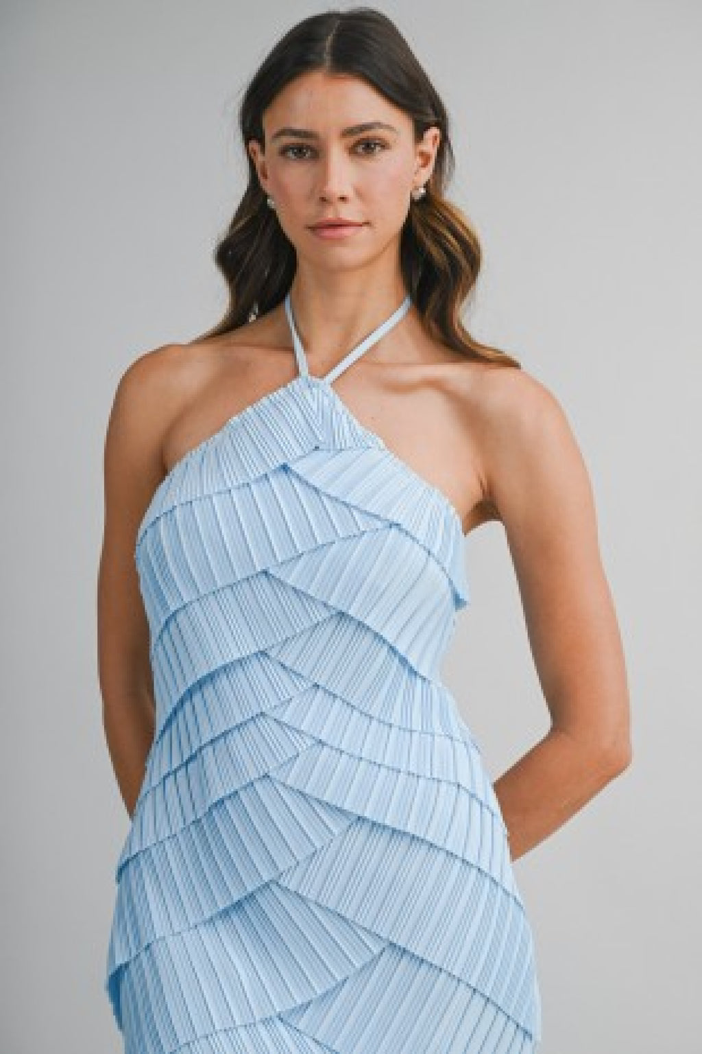 Sleeveless Halter Layered Diagonal Ruffle Overlay Midi Dress Blue