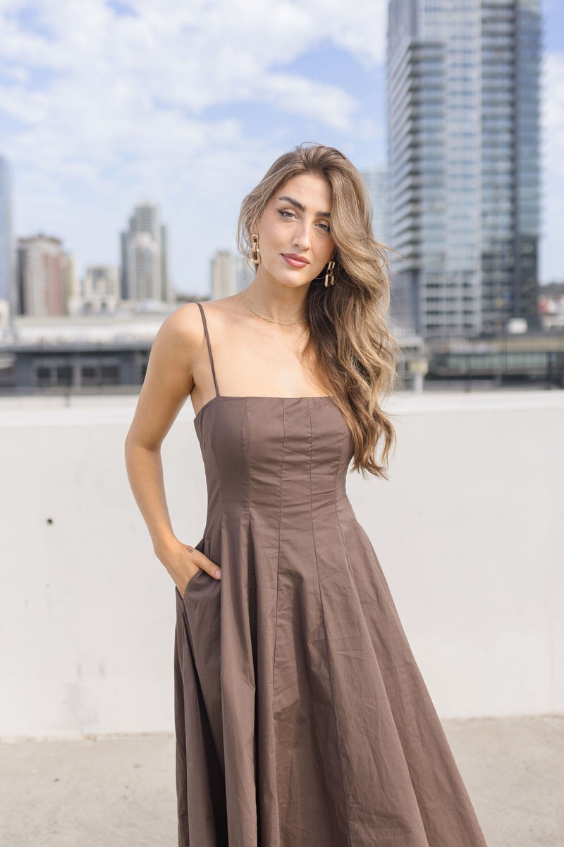 Sleeveless A Line Midi Dress Brown
