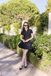 Short Sleeve Ribbed Knit Flared Mini Dress Black