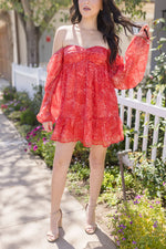 Long Sleeve Floral Print Mini Dress Red
