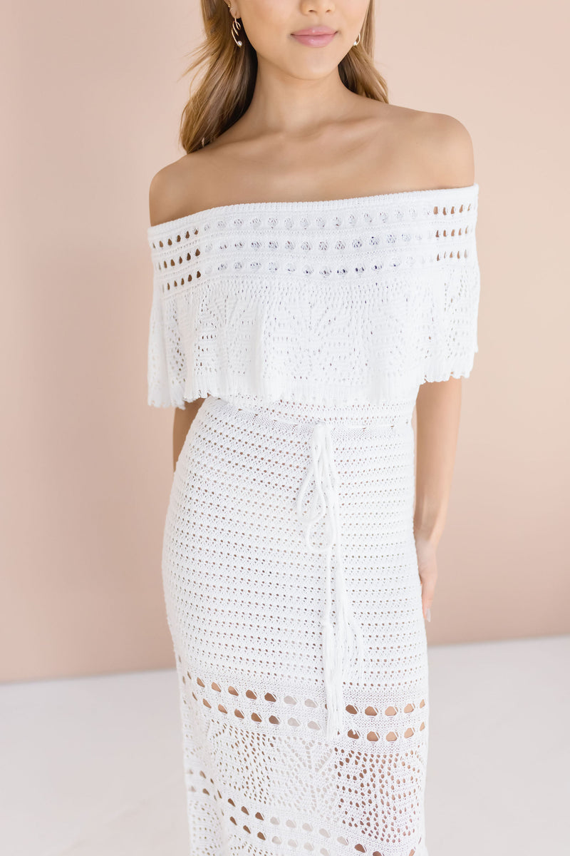 Florence Off The Shoulder Crochet Maxi Dress White