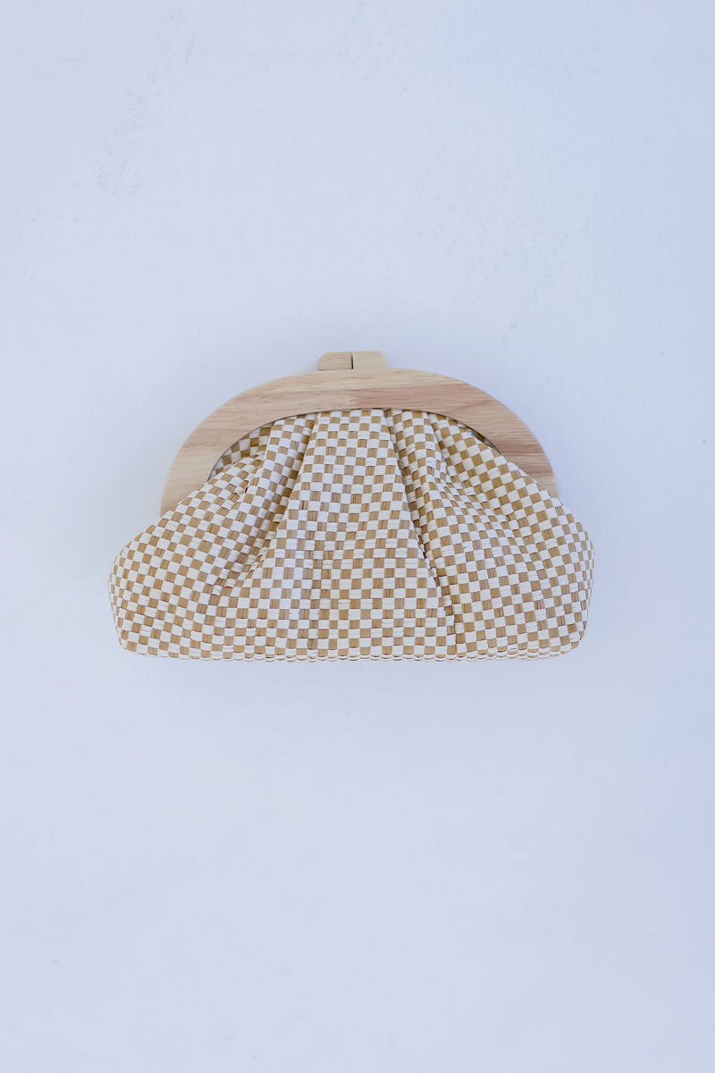Checkered Straw Woven Crossbody Clutch Taupe