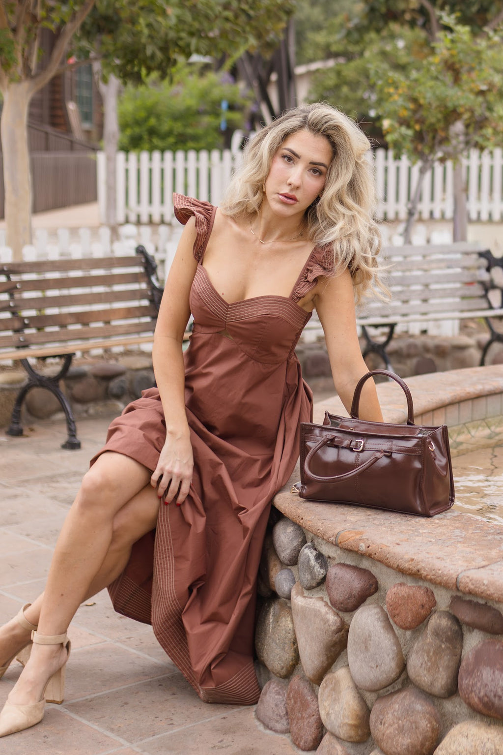 Flutter Sleeve Cut Out Contrast Stitch Midi Dress Rust
