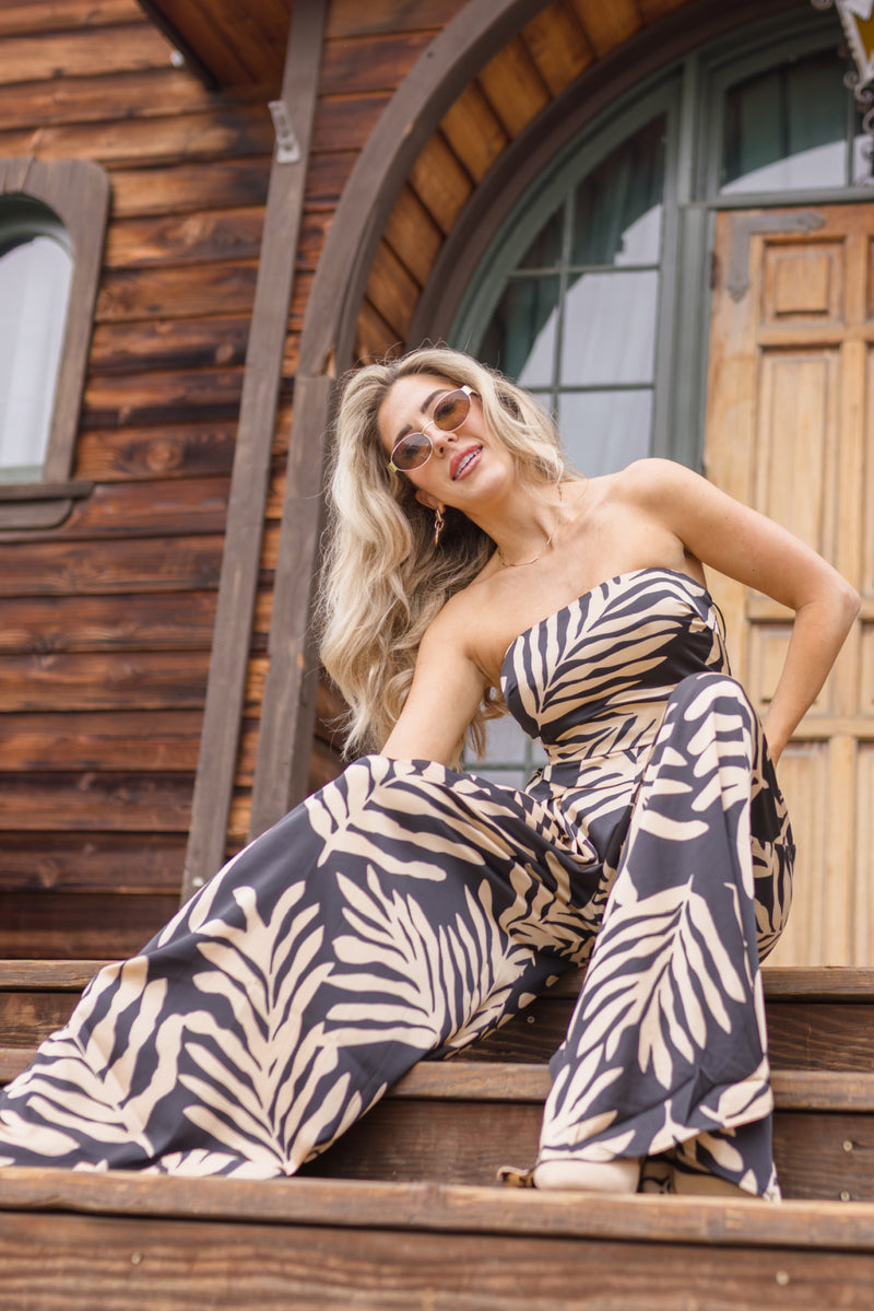 Sleeveless Back Tie Tropical Print Wide Leg Jumpsuit Black