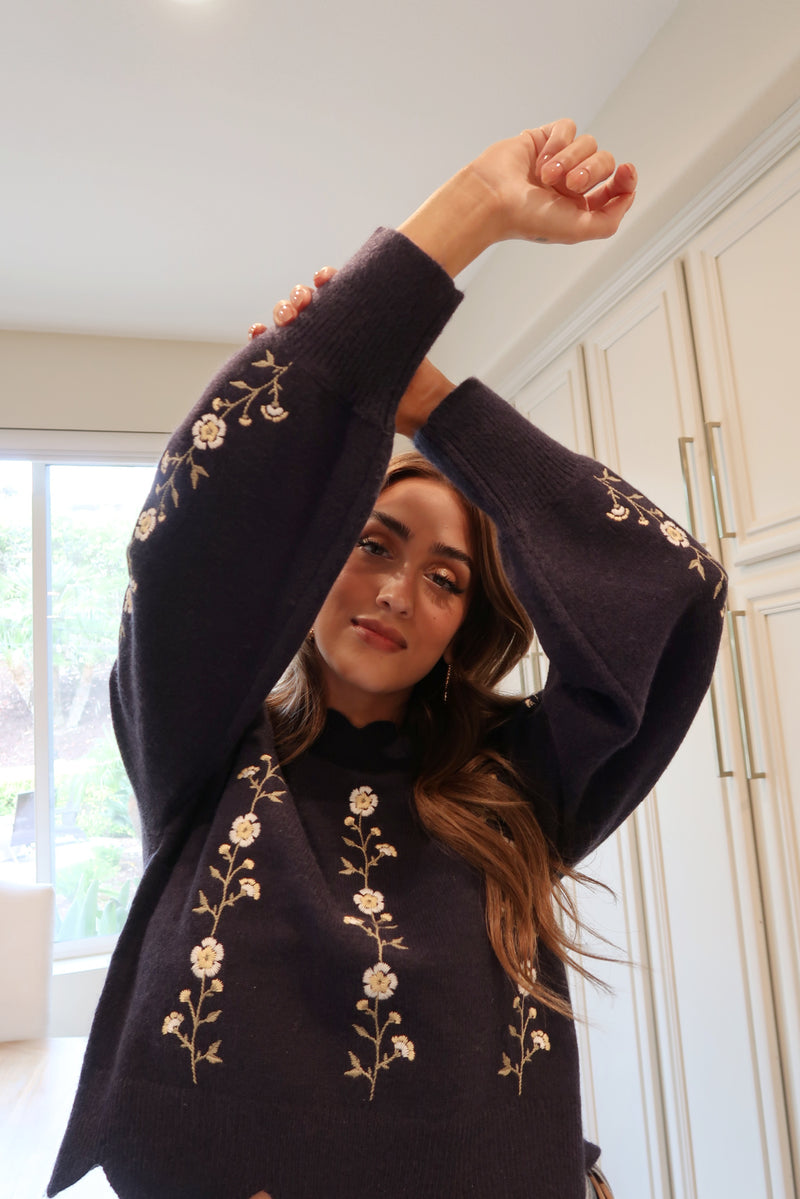 Grace Long Sleeve Floral Embroidered Sweater Navy