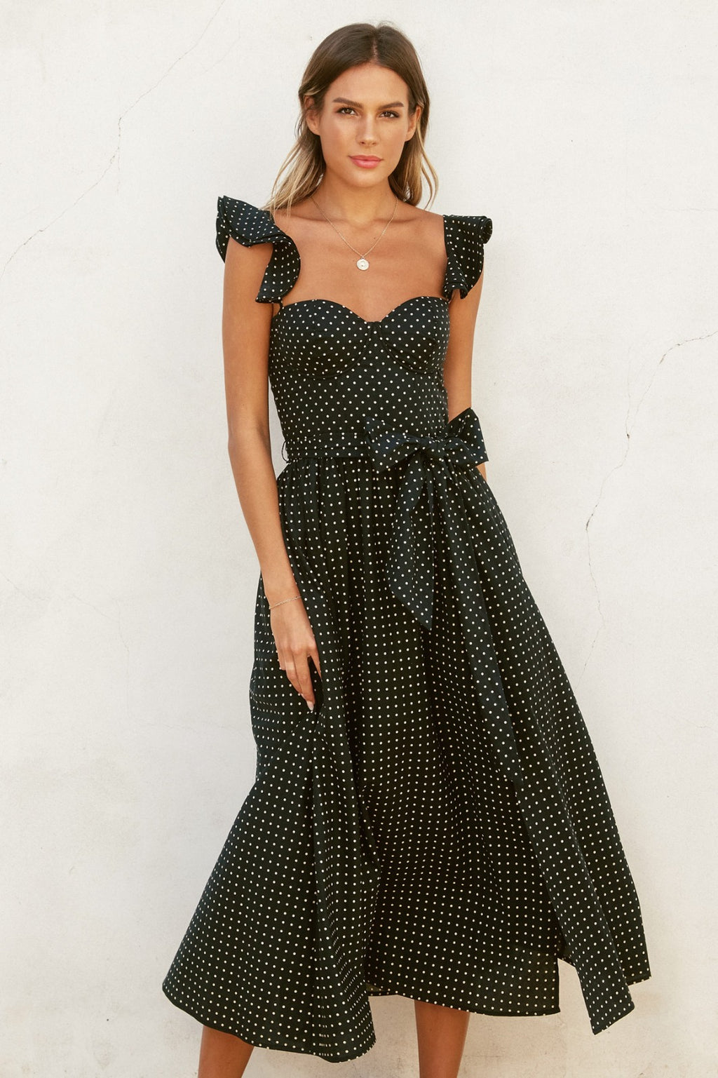  Flutter Sleeve Waist Tie Polka Dot Print Maxi Dress Black