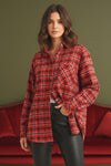 Long Sleeve Oversized Button Down Plaid Print Top Red
