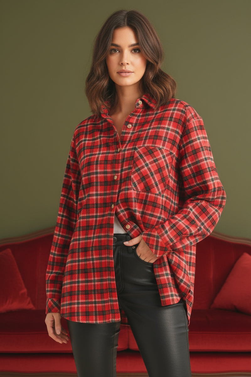 Long Sleeve Oversized Button Down Plaid Print Top Red