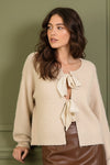Long Sleeve Gingham Bow Tie Knit Cardigan Beige