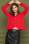 Long Sleeve Button Down Frayed Cardigan Red