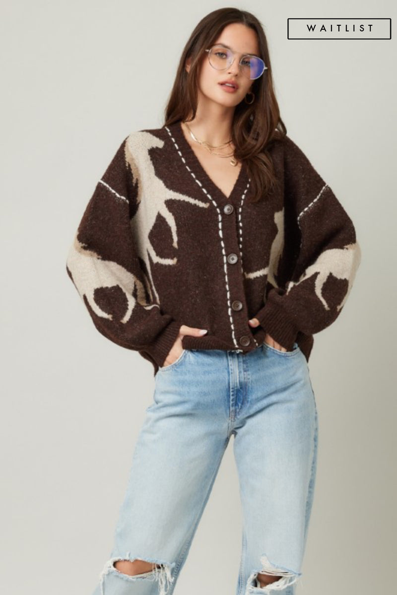 Long Sleeve Button Down Horse Print Cardigan Brown