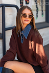  Long Sleeve Collar Denim Sweater Brown