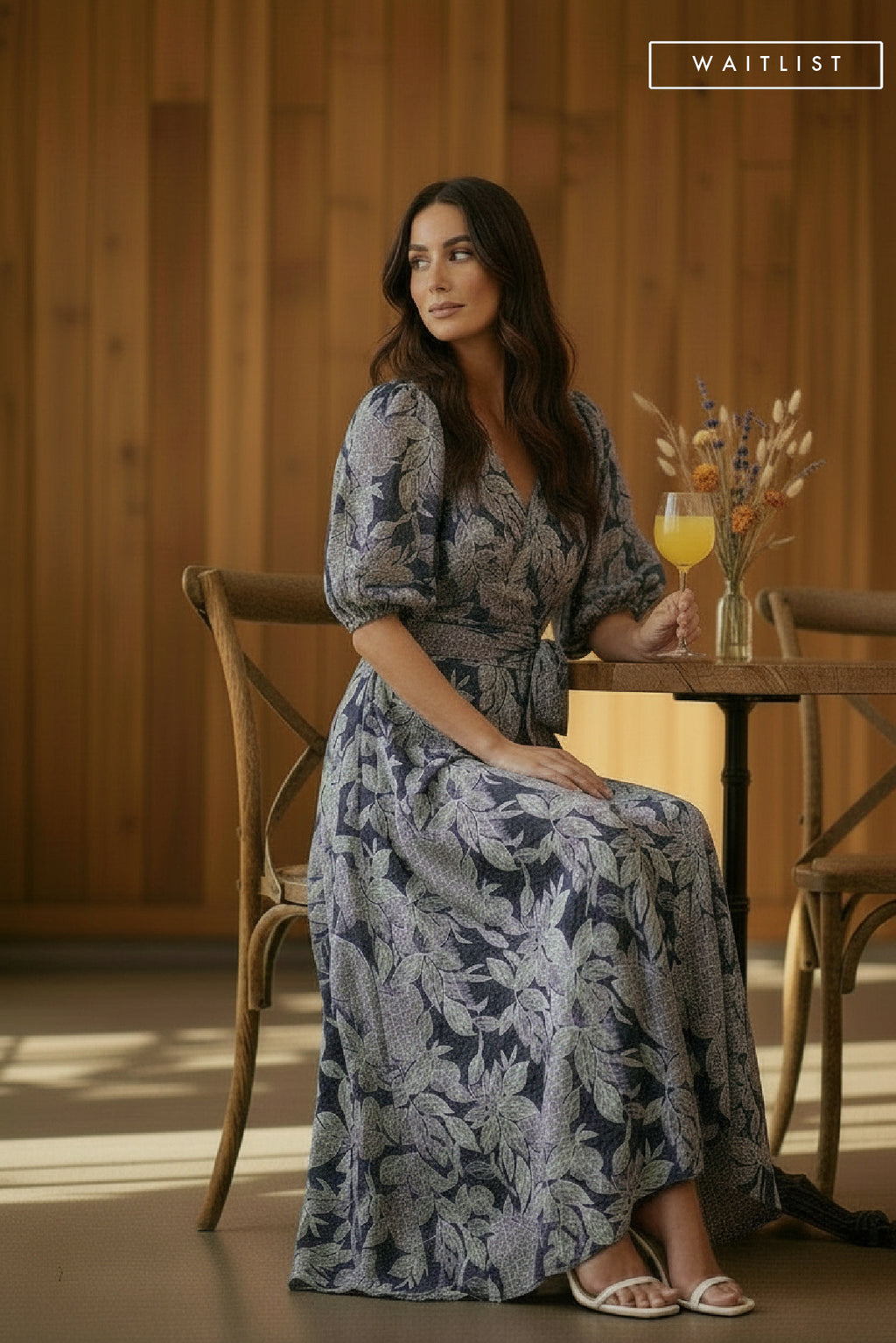 Short Bubble Sleeve Floral Print Wrap Maxi Dress Navy