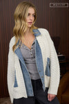 Long Sleeve Cable Knit Denim Trim Shacket Natural