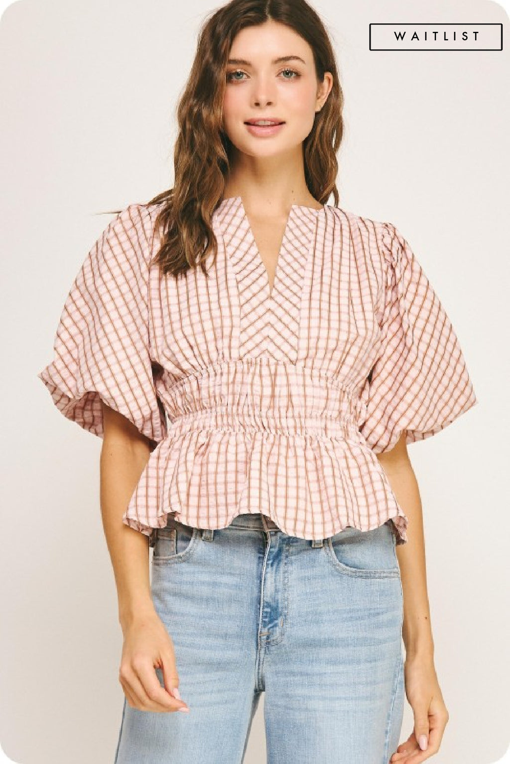 Short Puff Sleeve Gingham Print Peplum Top Pink