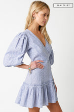  Short Puff Sleeve Stripe Print Linen Mini Dress Blue