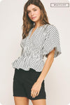 Short Puff Sleeve Gingham Print Peplum Top Ivory