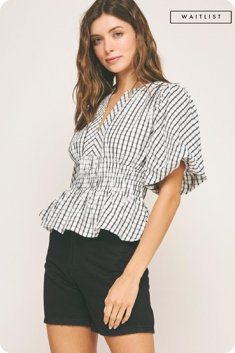 Short Puff Sleeve Gingham Print Peplum Top Ivory