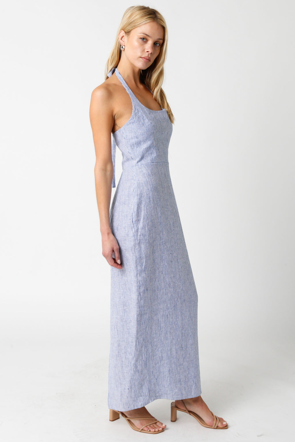 Sleeveless Halter Stripe Print Linen Maxi Dress Blue