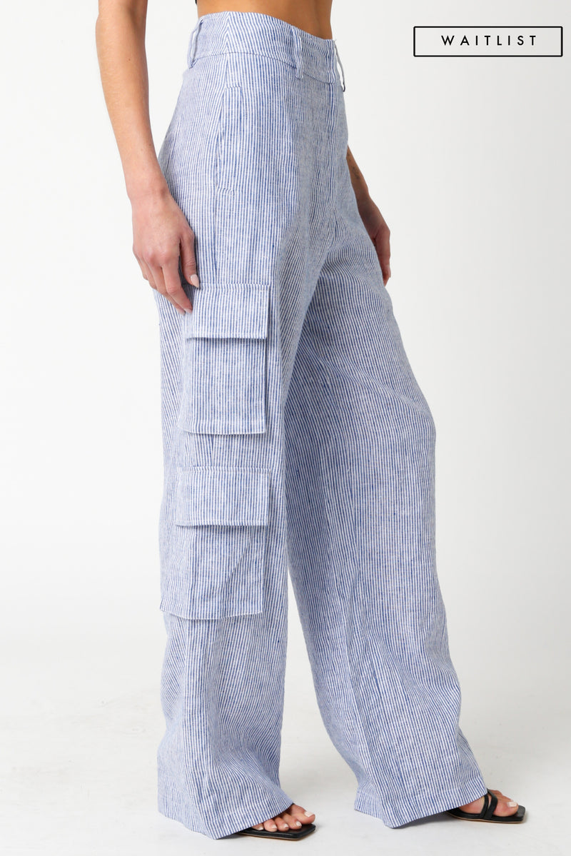 Waitlist 3/15 ♥ Maleah Stripe Print Wide Leg Linen Cargo Pants Blue
