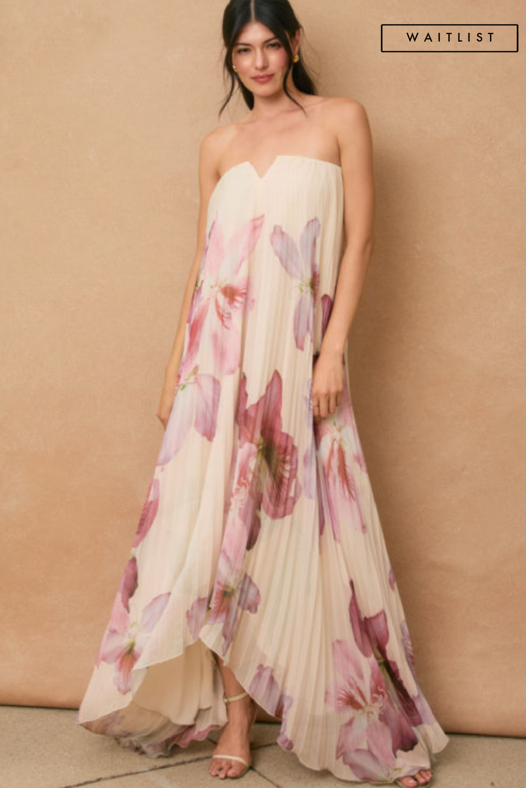 Sleeveless Pleated Floral Print Maxi Dress Cream