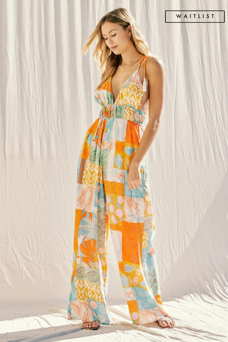  Sleeveless Cut Out Abstract Print Wide Leg Jumpsuit Orange