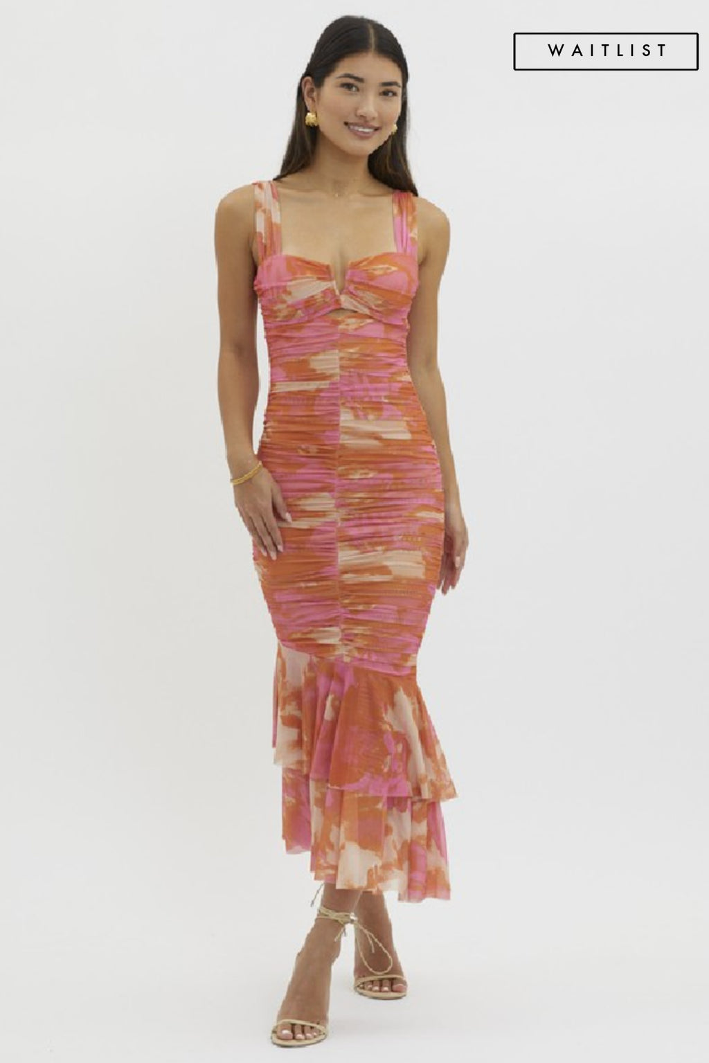 Sleeveless Abstract Print Mesh Midi Dress Pink