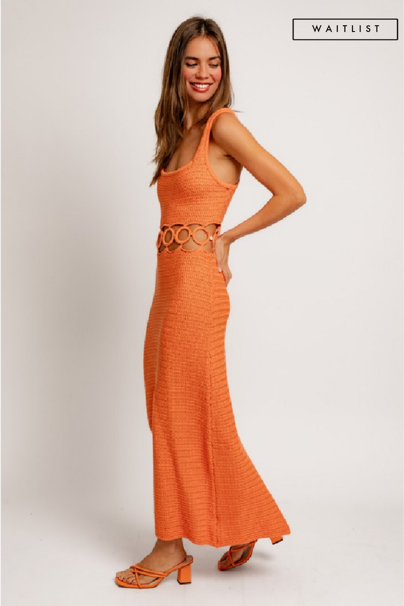 Sleeveless Waist Link Crochet Midi Dress Orange