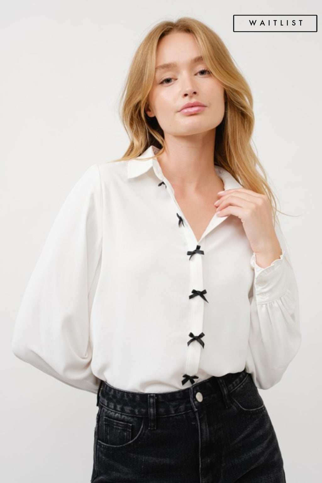 Long Sleeve Bow Button Down Top White