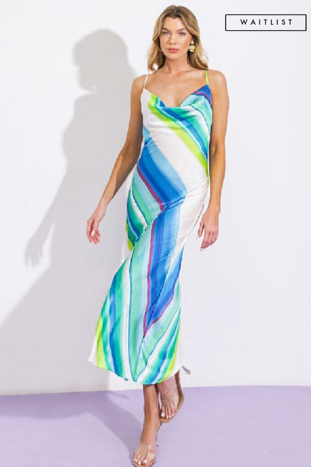 Sleeveless Cowl Neck Stripe Print Midi Dress Blue